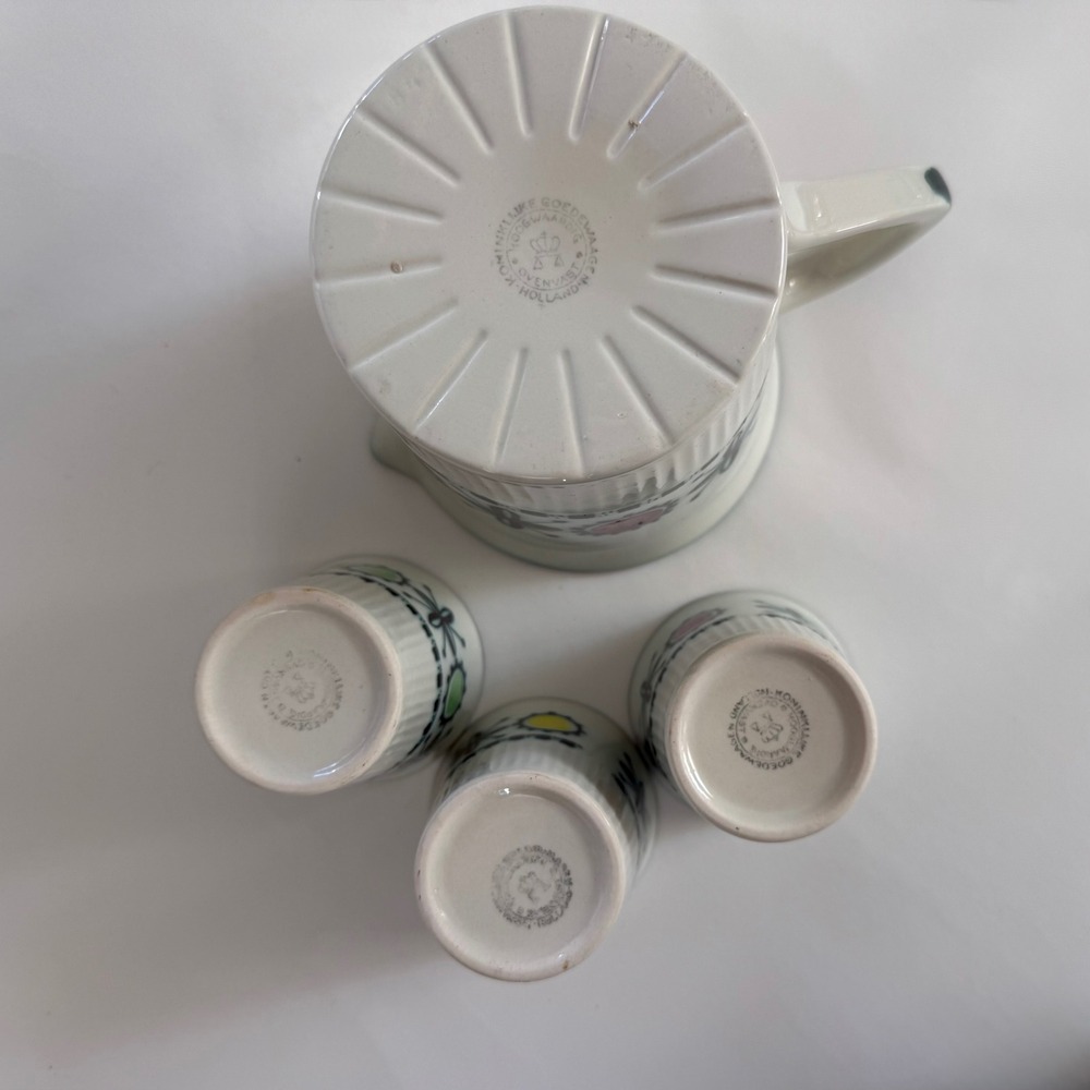 Rare Vtg 1950s Royal Goedewaagen Holland Pitcher 3 Cups Set Mid‎ Century Floral - Picture 5 of 13
